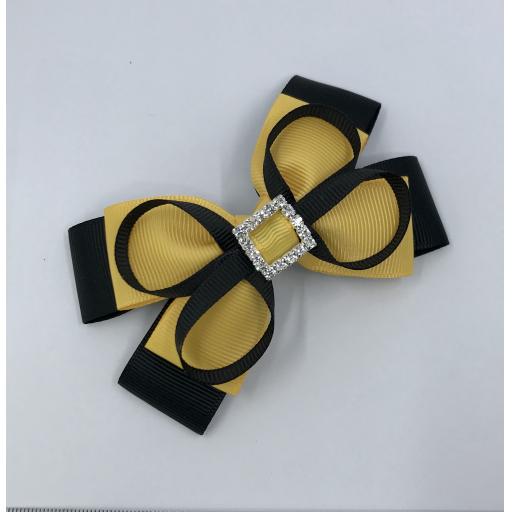 Black and Yellow Gold Double Layer Bow with Loops on Clip