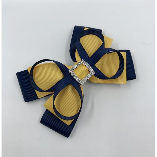 Navy and Yellow Gold Double Layer Bow with Loops on Clip