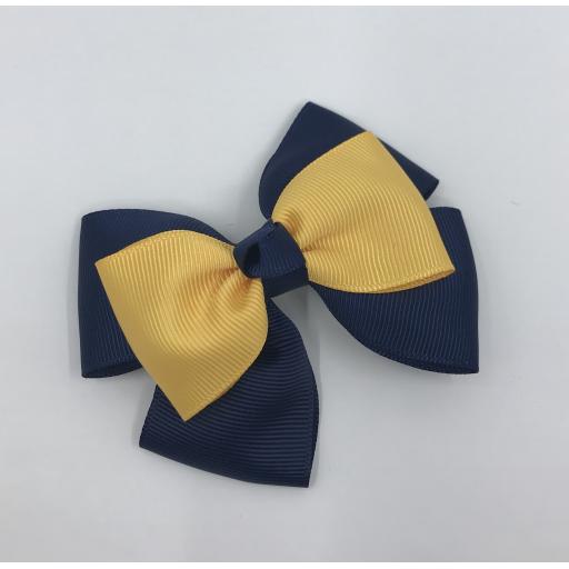 Navy Double Layer Bow with Yellow Gold Single Top Layer and Top Knot on Clip