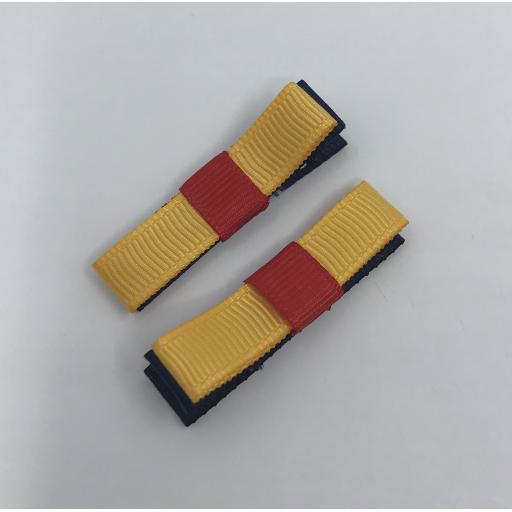 Small Straight Navy, Yellow gold and Red Bow on Clips (pair)