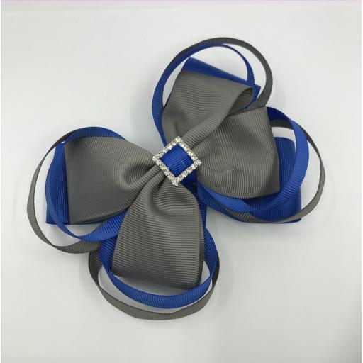 Large 5 inch Royal Blue and Grey Double Layer Bow with Double Loops
