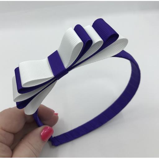 Purple 1.5cm Hairband with 5 Layer Purple and White Straight Classic Bow