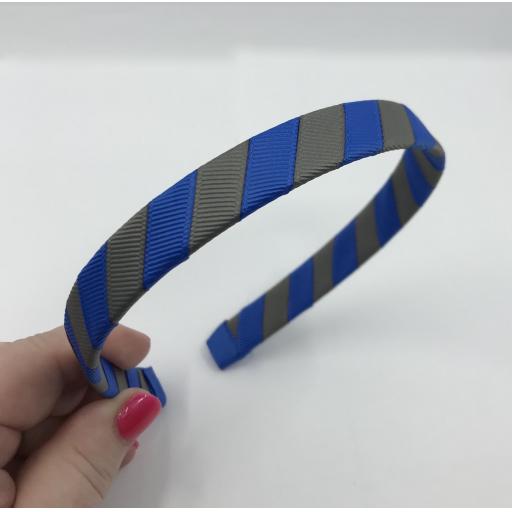 School Royal Blue and Grey 1.8cm Striped Hairband