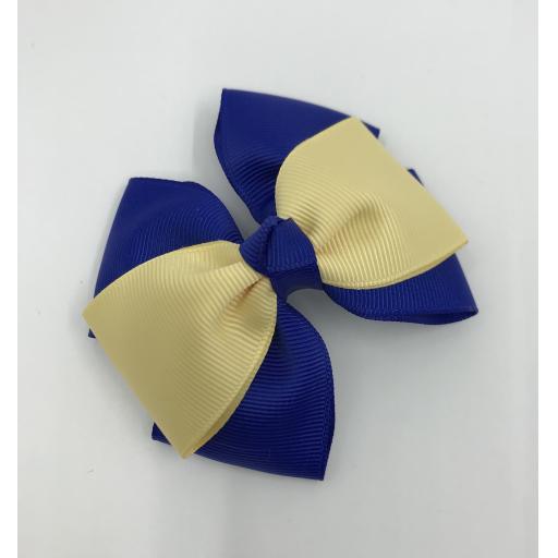 Cobalt Blue Double Layer Bow with Chamois Yellow Single Top Layer and Top Knot on Clip