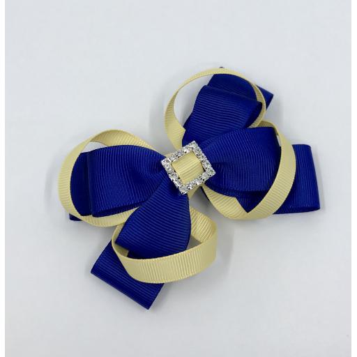Cobalt blue Double Layer Bow with Chamois Yellow Loops on Clip