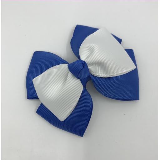 Royal Blue Double Layer Bow with White Single Top Layer and Top Knot on Clip