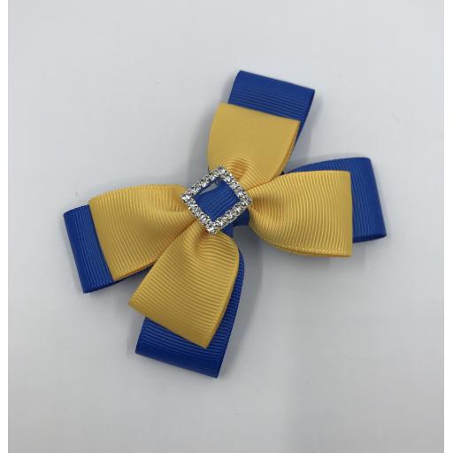 Royal Blue and Yellow Gold Double Layer Bow on Clip