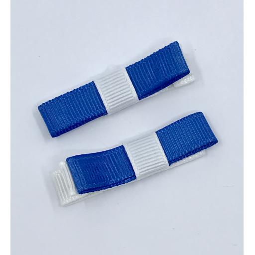 Small Straight Royal Blue and White Bow on Clips (pair)