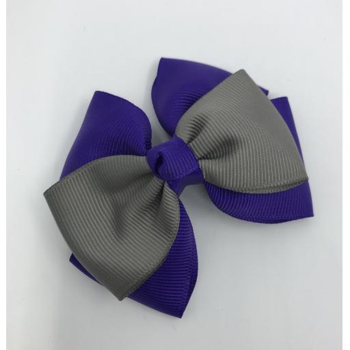 Purple Double Layer Bow with Grey Single Top Layer and Top Knot on Clip