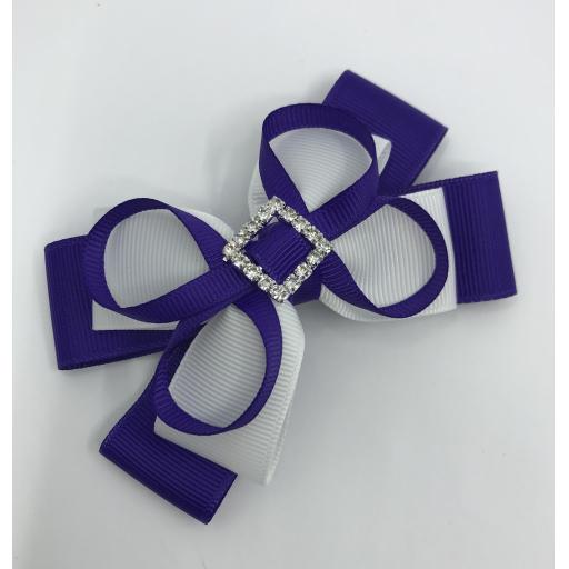 Purple and White Double Layer Bow with Loops on Clip