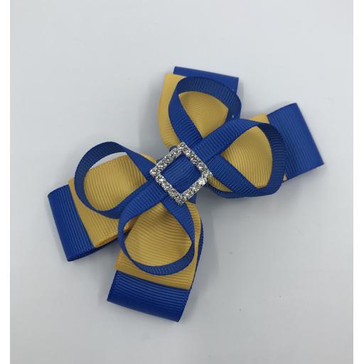 Royal Blue and Yellow Gold Double Layer Bow with Loops on Clip
