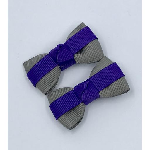 Itty Bitty Purple and Grey Bow on Clips (pair)