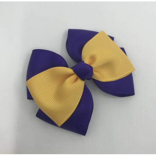 Purple Double Layer Bow with Yellow Gold Single Top Layer and Top Knot on Clip