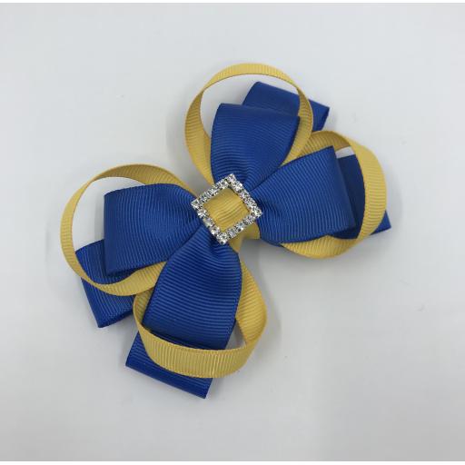 Royal blue Double Layer Bow with Yellow Gold Loops on Clip