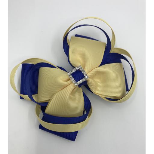 Large 5 inch Cobalt and Chamois Yellow Double Layer Bow with Double Loops