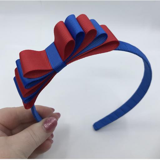 Royal blue 1.5cm Hairband with 5 Layer Royal blue and Red Straight Classic Bow