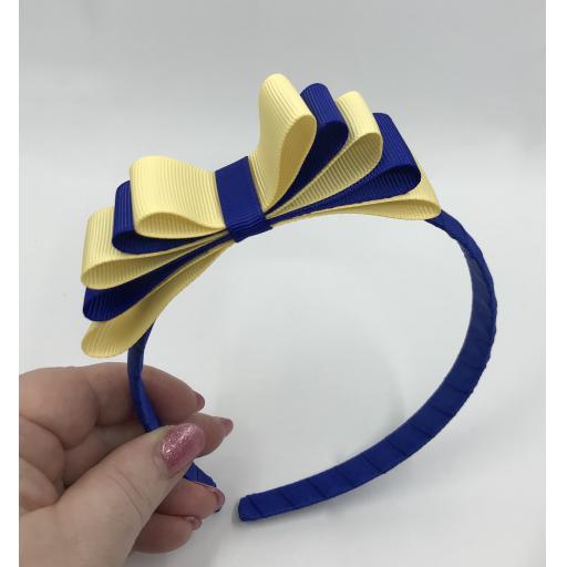 Cobalt blue 1.5cm Hairband with 5 Layer Cobalt and Chamois Yellow Straight Classic Bow