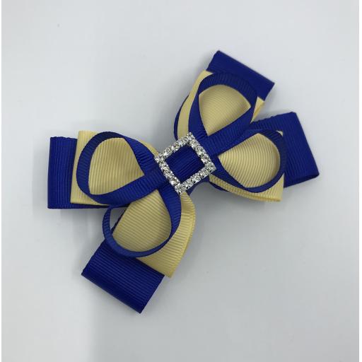 Cobalt and Chamois Yellow Double Layer Bow with Loops on Clip