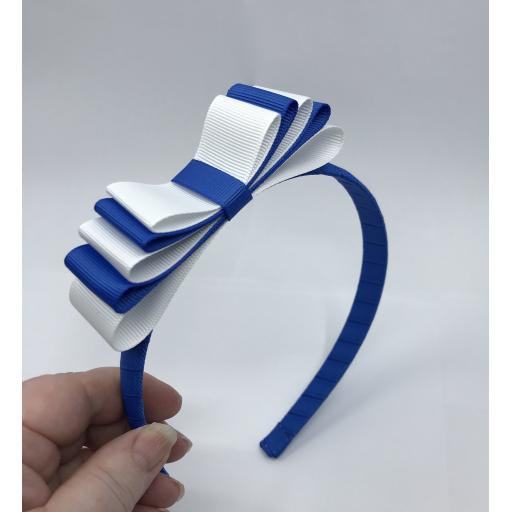 Royal blue 1.5cm Hairband with 5 Layer Royal Blue and White Straight Classic Bow