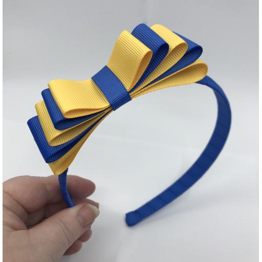 Royal blue 1.5cm Hairband with 5 Layer Royal Blue and Yellow Gold Straight Classic Bow