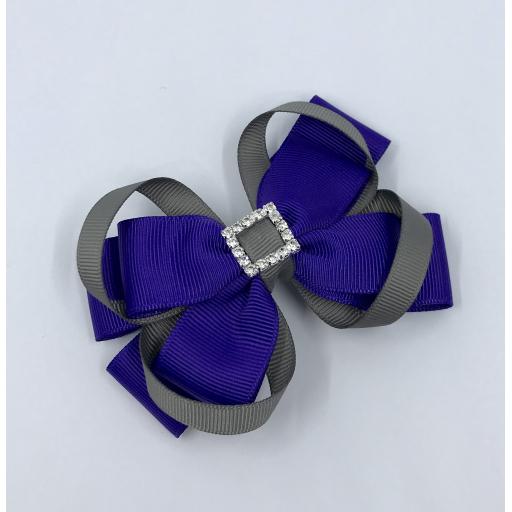 Purple Double Layer Bow with Grey Loops on Clip
