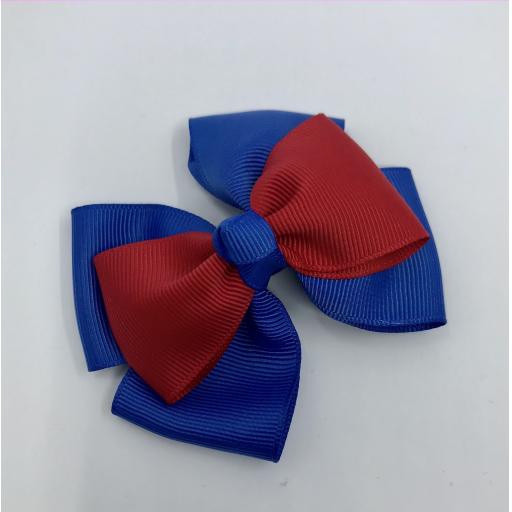 Royal Blue Double Layer Bow with Red Single Top Layer and Top Knot on Clip