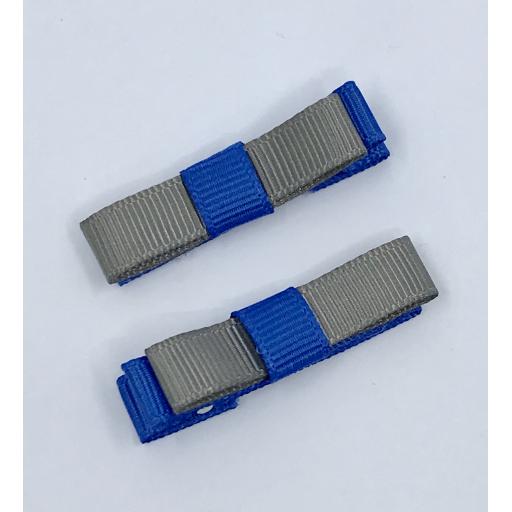 Small Straight Royal Blue and Grey Bow on Clips (pair)