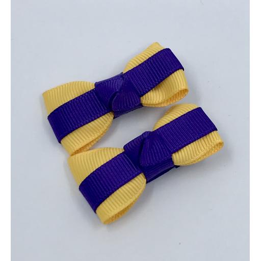Itty Bitty Purple and Yellow Gold Bow on Clips (pair)