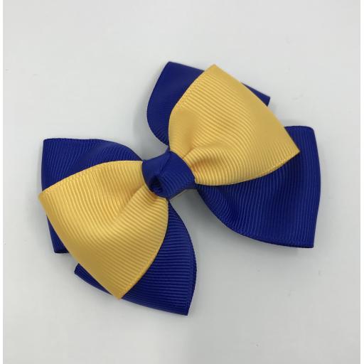 Cobalt Blue Double Layer Bow with Yellow gold Single Top Layer and Top Knot on Clip