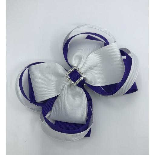 Large 5 inch Purple and White Double Layer Bow with Double Loops