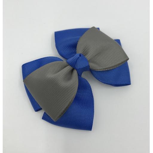 Royal Blue Double Layer Bow with Grey Single Top Layer and Top Knot on Clip