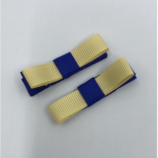 Small Straight Cobalt and Chamois Yellow Bow on Clips (pair)