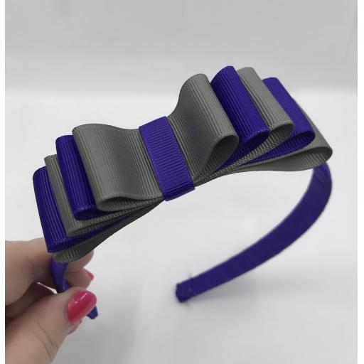 Purple 1.5cm Hairband with 5 Layer Purple and Grey Straight Classic Bow