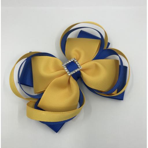 Large 5 inch Royal Blue and Yellow Gold Double Layer Bow with Double Loops
