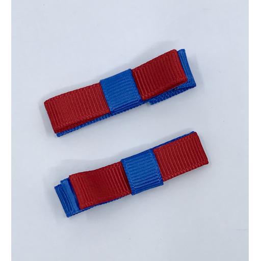 Small Straight Royal Blue and Red Bow on Clips (pair)
