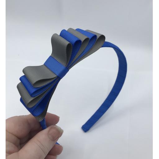 Royal blue 1.5cm Hairband with 5 Layer Royal Blue and Grey Straight Classic Bow