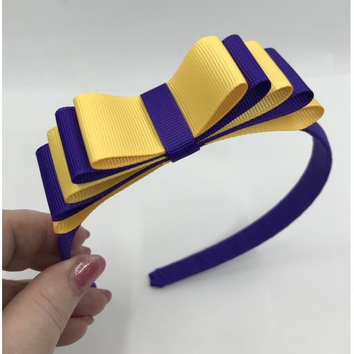Purple 1.5cm Hairband with 5 Layer Purple and Yellow Gold Straight Classic Bow