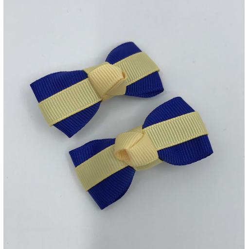 Itty Bitty Cobalt and Chamois Yellow Bow on Clips (pair)