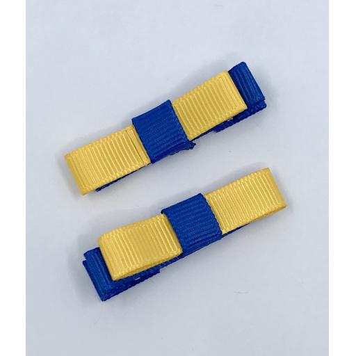 Small Straight Royal Blue and Yellow Gold Bow on Clips (pair)