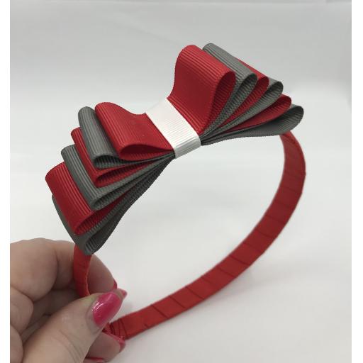 Red 1.5cm Hairband with 5 Layer Red, Grey and White Straight Classic Bow