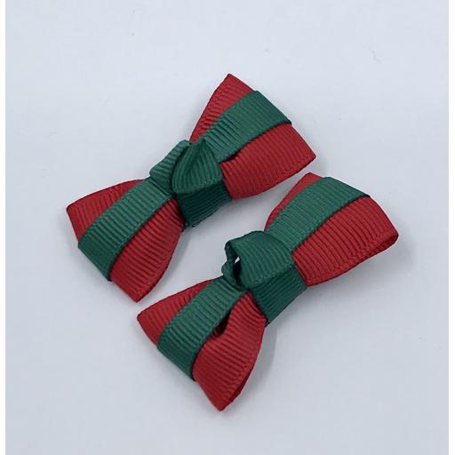Itty Bitty Hunter Green and Red Bow on Clips (pair)