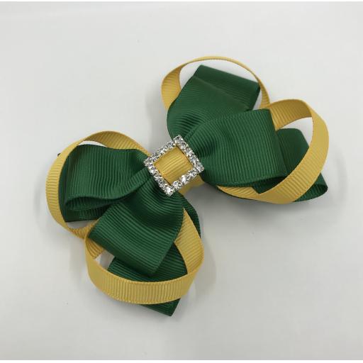 Forest Green Double Layer Bow with Yellow Gold Loops on Clip