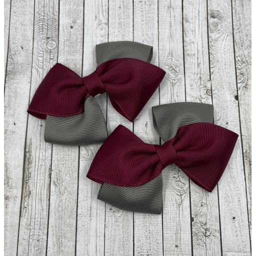 Wine and Grey Diagonal Bows on Clips (pair)