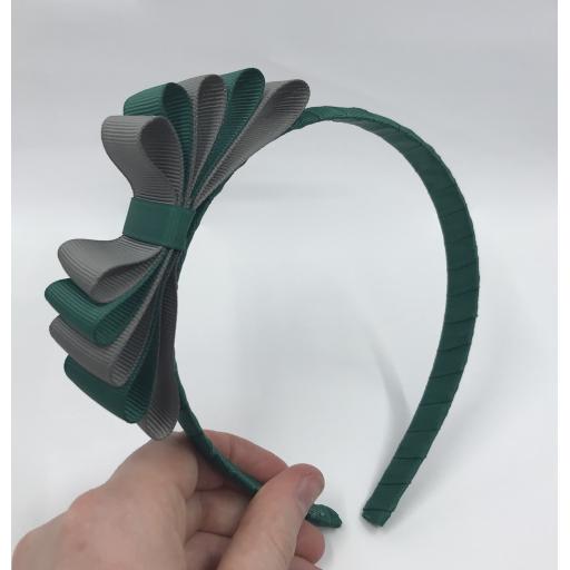 Hunter Green 1.5cm Hairband with 5 Layer Hunter Green and Grey Straight Classic Bow