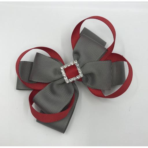 Grey Double Layer Bow with Red Loops on Clip