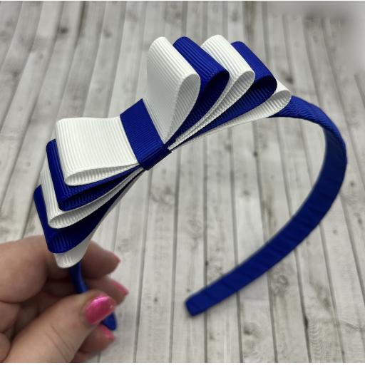 Cobalt 1.5cm Hairband with 5 Layer Cobalt Blue and White Straight Classic Bow