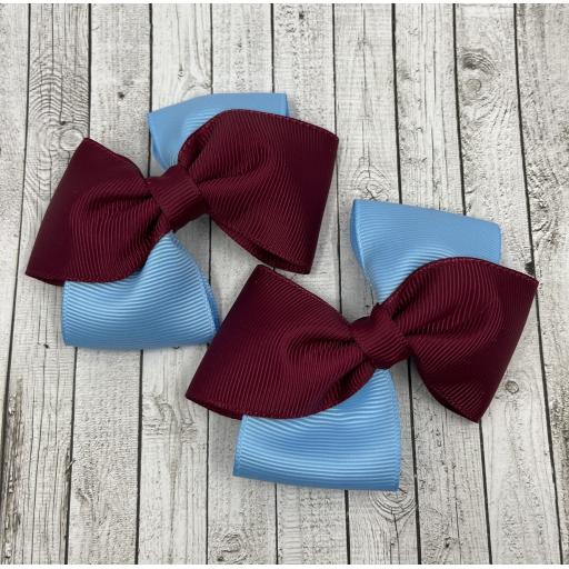 Wine and Blue Diagonal Bows on Clips (pair)