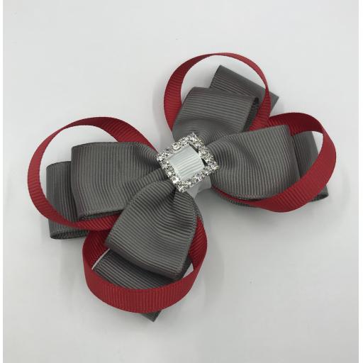 Grey Double Layer Bow with Red Loops with White Centre on Clip