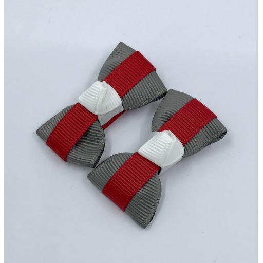 Itty Bitty Red, Grey and White Bow on Clips (pair)