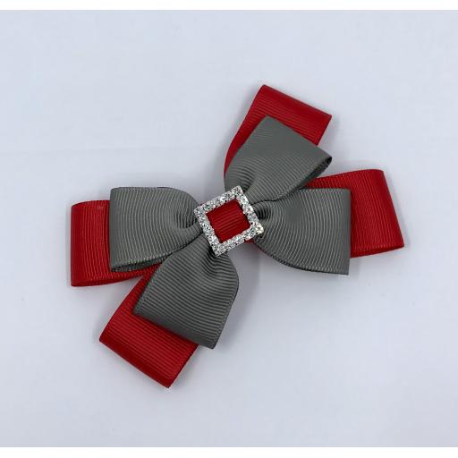 Red and Grey Double Layer Bow on Clip